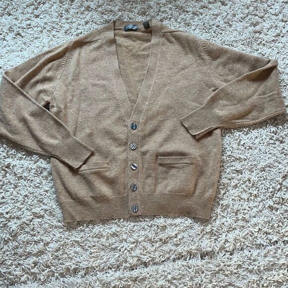 LORD & TAYLOR Cardigan Lambs Wool Brown/Cream Sweater Top Size L - Picture 1 of 12